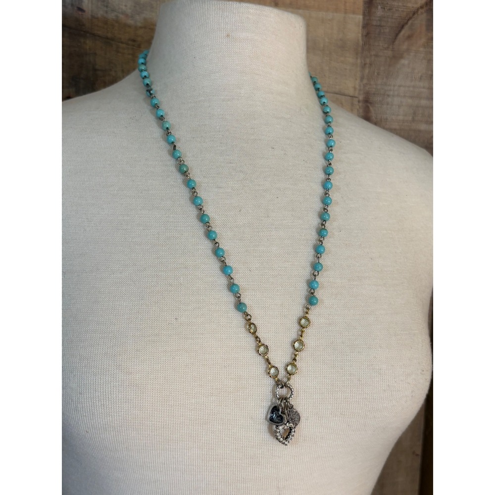 Aerie Turquoise Beaded Peace Heart Charm Necklace Mixed Metal Boho 14.5"